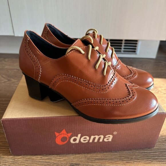 Odema Shoes - BNIB Odema Brown Brogue Lace Up‎ Oxford Tip Chunky Heels Leather Shoes - Size 8